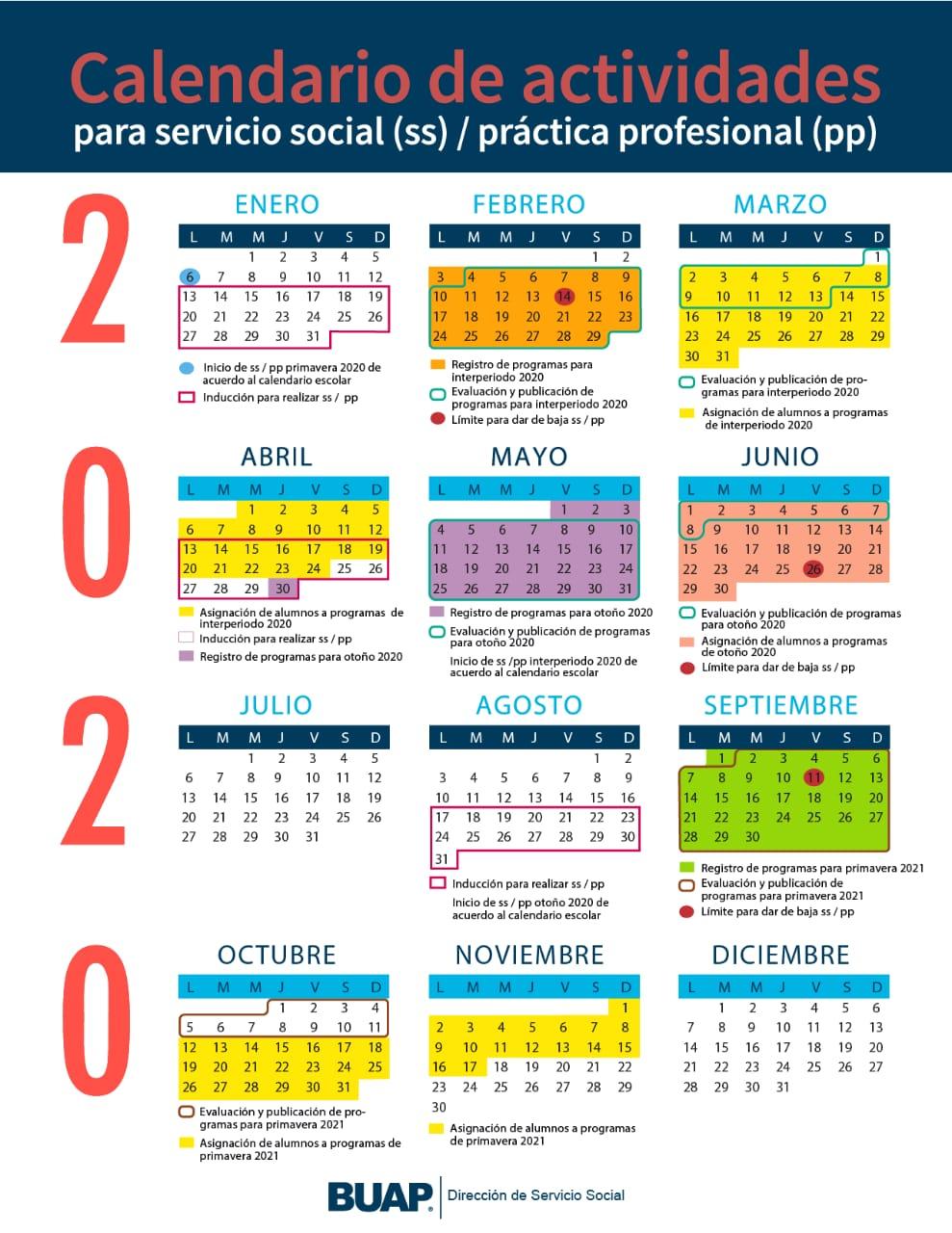 Calendario de actividades Servicio Social y Práctica Profesional 2020